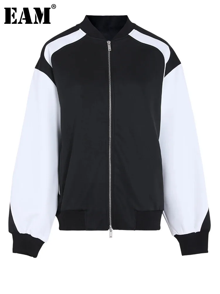 

[EAM] Black White Color-block Big Size Jacket New Stand Collar Long Sleeve Women Coat Fashion Tide Spring Autumn 2024 CPG1118