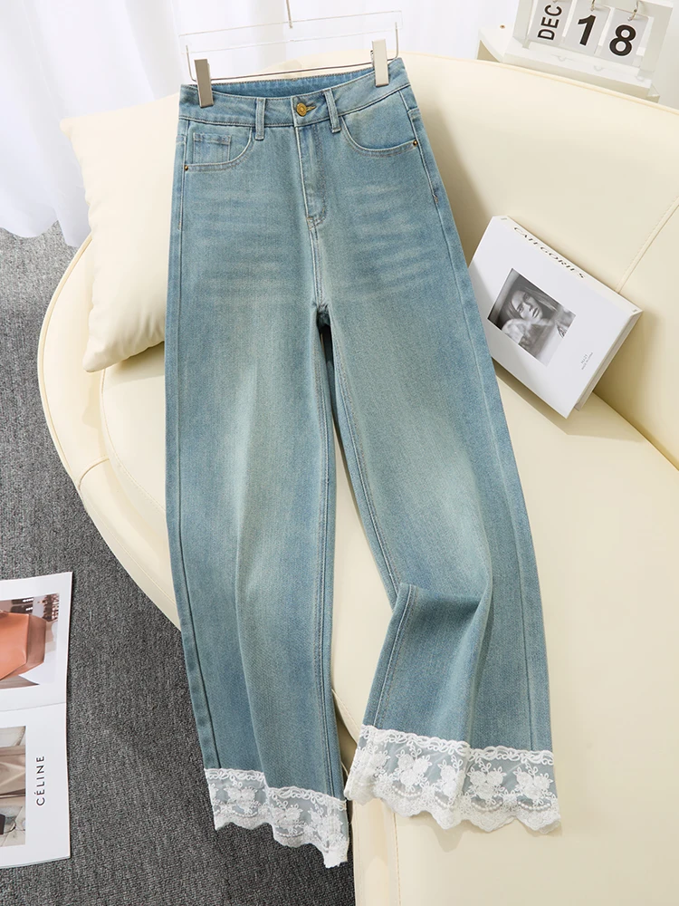 

High Waist Straight Leg Jeans Women's Summer Thin Version Slimming Lace Trim Narrow Wide Leg Pants Korean Style Casual Cotton...
