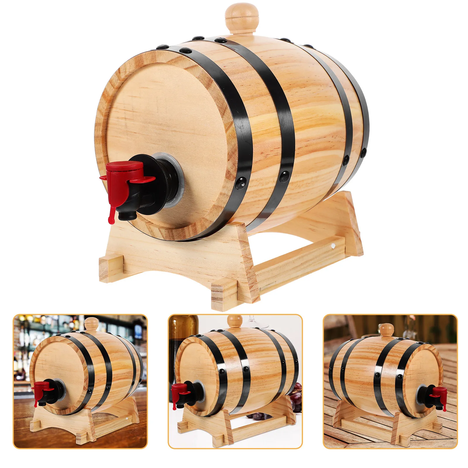 1Set Stainless Steel Wood Red Wine Barrel 1L Vintage Decorative Wine Dispenser for Bar Home Restaurant Whiskey Aging Beer