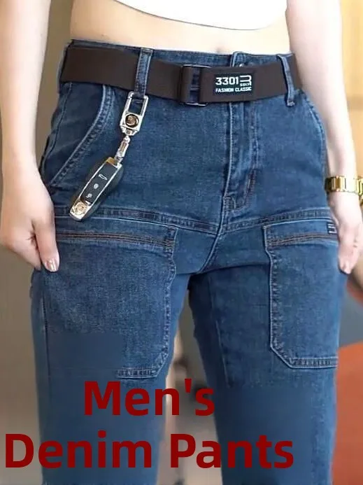 Spring Autumn High Waist Straight Leg Men's Jeans Multi-Pocket Elastic Casual Trousers Trendy Versatile Youth Fashion
