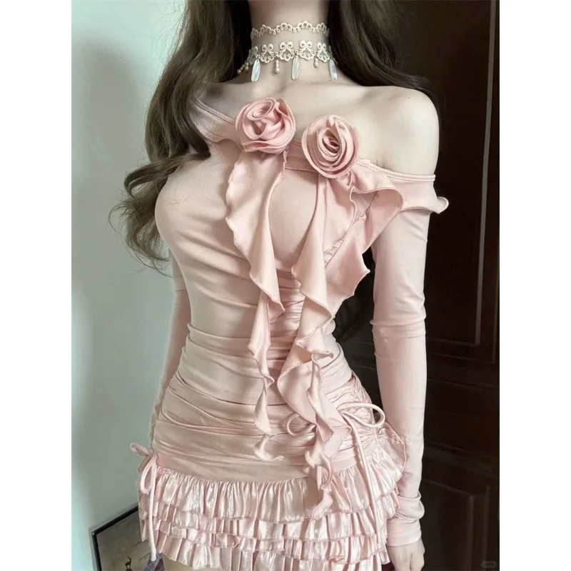 

2 Pieces Set Women Y2K Sweet Ruffle Edge Off Shoulder Long-sleeved T-shirt+Y2k Aesthetic Mini Ruffle Skirts Cute Kawaii Outfits