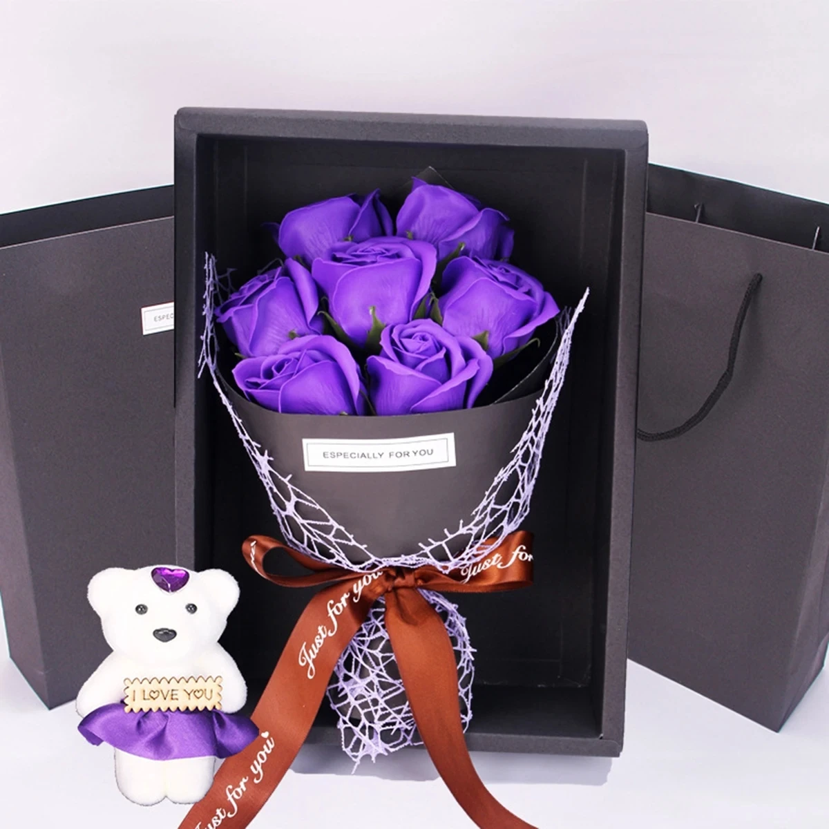 Valentinstag Künstliche Blumen 7 Rosen-Seifen-Bouquet Geschenkbox Teddybär-Blume Kreatives Valentinstag-Geschenk Heimdekoration – Detail 4