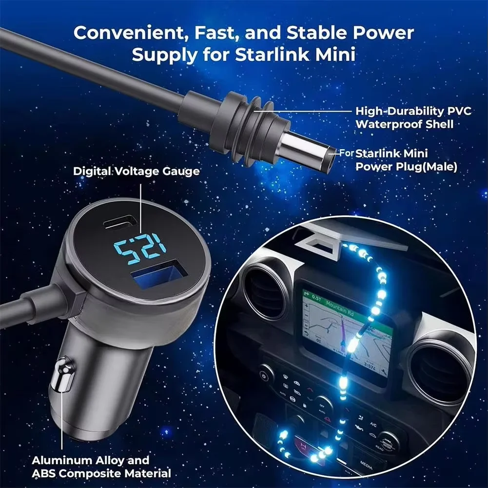 3-in-1 Car Charger for Starlink Mini with DC Power Cable Digital Voltmeter Cigarette Lighter Adapter Extension Charger