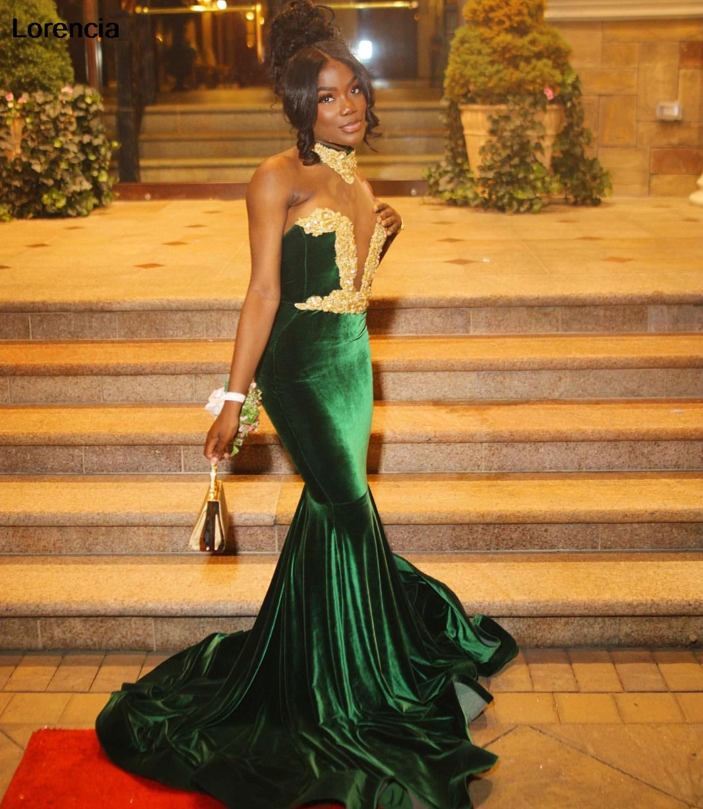 Customized Green Velvet Mermaid Prom Dress For Black Girls 2024 Gold Lace Crystal Beaded Party Gala Gown Robe De Soiree YPD131