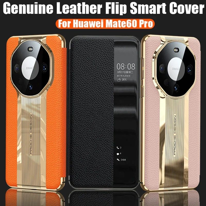 

For HUAWEI Mate 60 Pro Smart View Wake Sleep Sport Car Call ID Genuine Leather Flip Cover Case