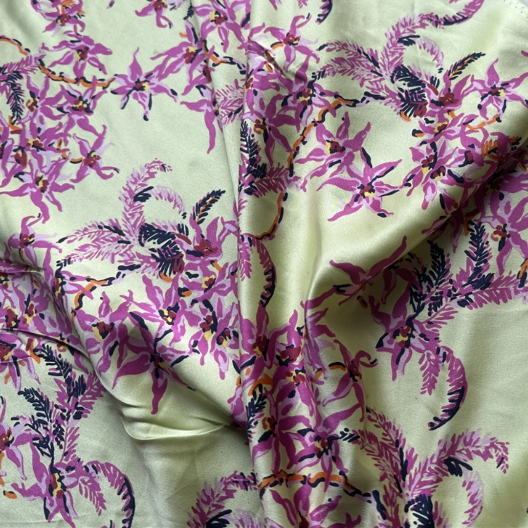 1 meter 100% Mulberry Silk 21 momme Charmeuse Silk Fabric Yellow Floral Print 138cm 54