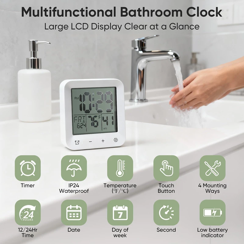 New Waterproof Bathroom Clock Thermometer Timer Bathroom Calendar Wall Mounted Clock Bedroom Alarm Clock With Suction Cup 2026
