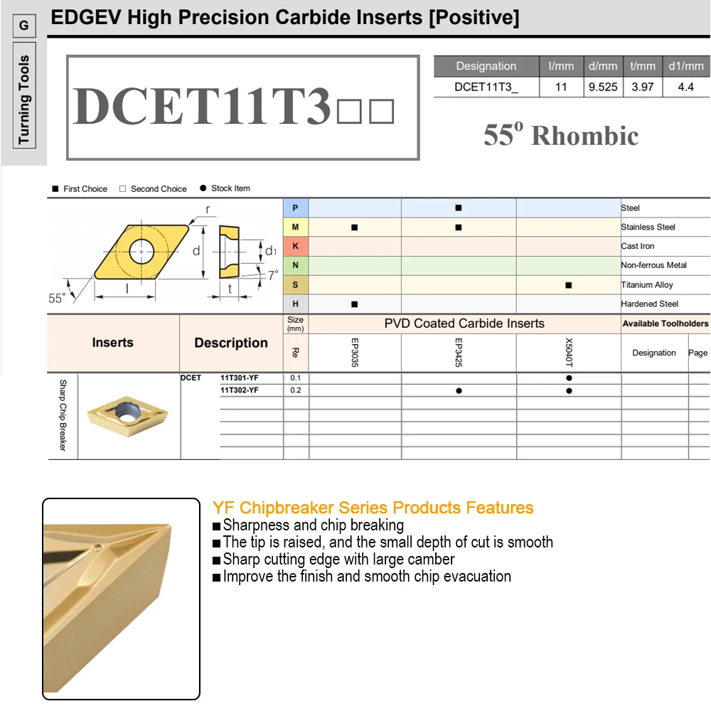 10pcs EDGEV CNC Front Turning Tool Insert,DCET 11T301/02-YF,DCGT,Rhombic 55 degree Plate,Steel & Alloy High Precision Processi