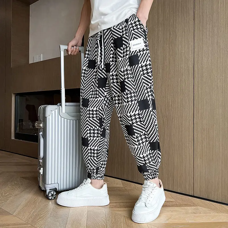 2023 New Summer High End Korean Fashion Trendy High Waist Lace Up Pocket Checkerboard Print Casual Tie Feet Men's Harlan Pants