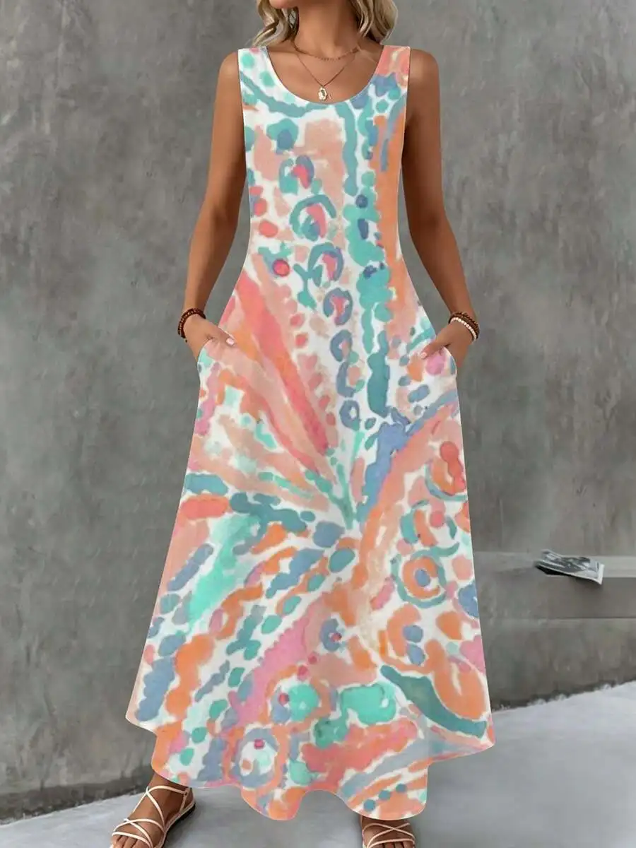 

Sleeveless Maxi Dress Multicolor Abstract Print Summer Beach Vacation Wear