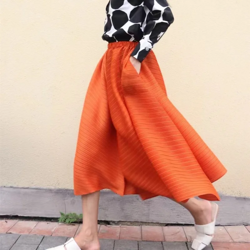 2026 New Summer Miyake Style Pleated Culottes Irregular Skirts Women Elastic High Waisted Korean Loose Wide-leg Pants