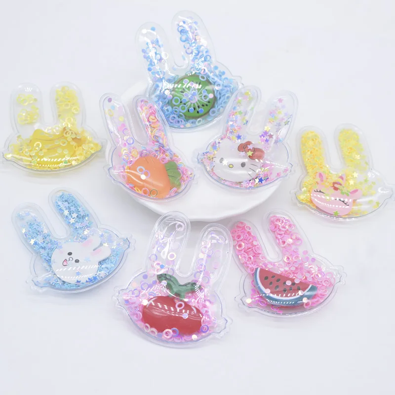 Randomly 10Pcs 45*50mm Transparent PVC Rabbit Filling Shakers Clay Appliques for DIY Headwear Hair Clips Decor Accessories