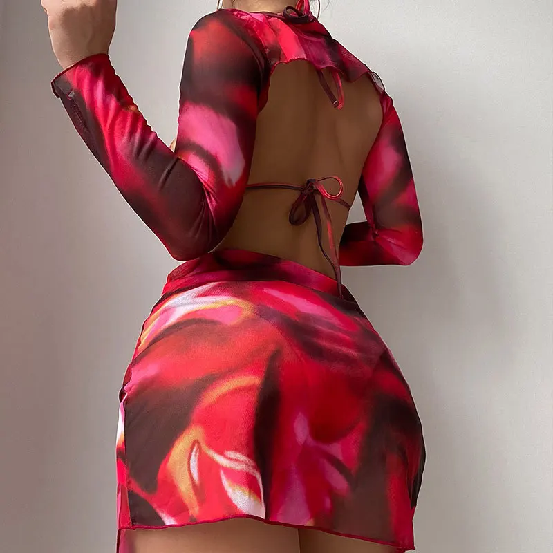 Sexy Swimwear Swimsuit Bathing Suit Women Bikini Set Three Piece Suits Print Long Sleeved Hoodie High Waist Beach Bikinis