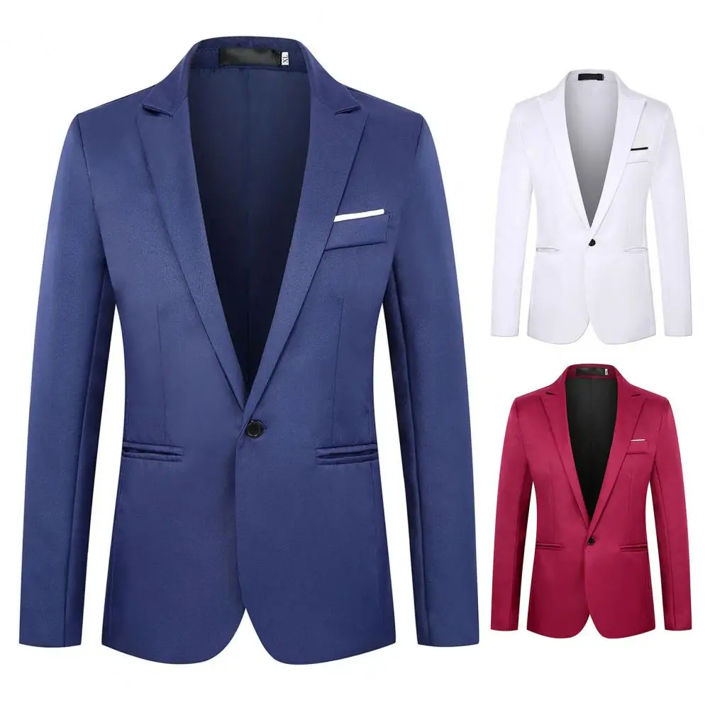 Men Blazer Suit Jacket Lapel Long Sleeve Classic Solid Color Slim Suit Coat Wedding