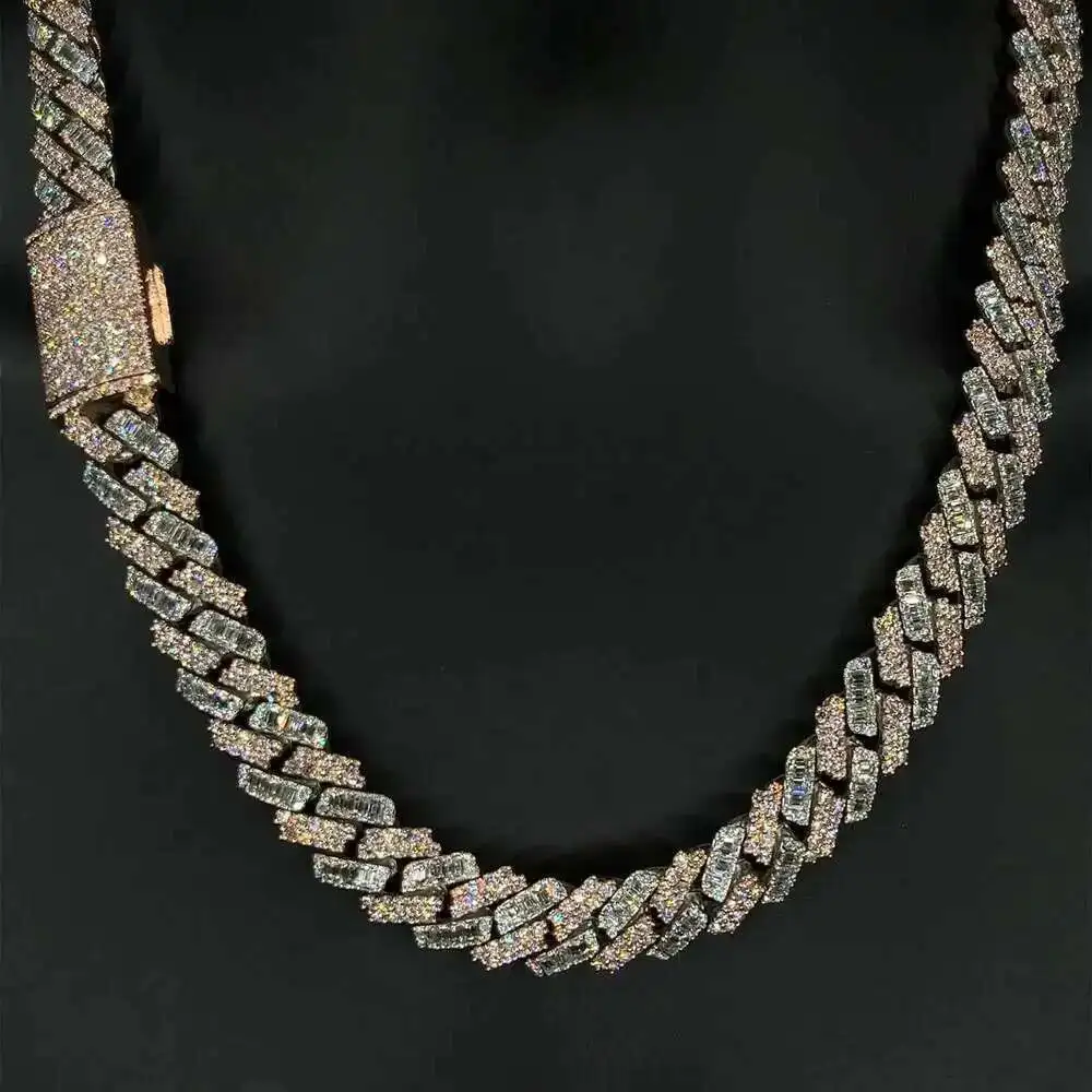 

Kibo Iced Out 925 Pure Silver Moissanite Necklace Gra Vvs 15mm Two Tone Style Baguette and Round Cut Moissanite Cuban Link Chain