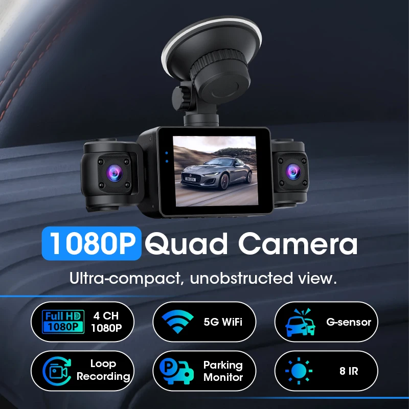 Develuck Dash Cam 4-Channel Recording Car Rearview Camera 1080P DVR Built-In WiFi IR Night Vision HD Video Recorder G-Sensor