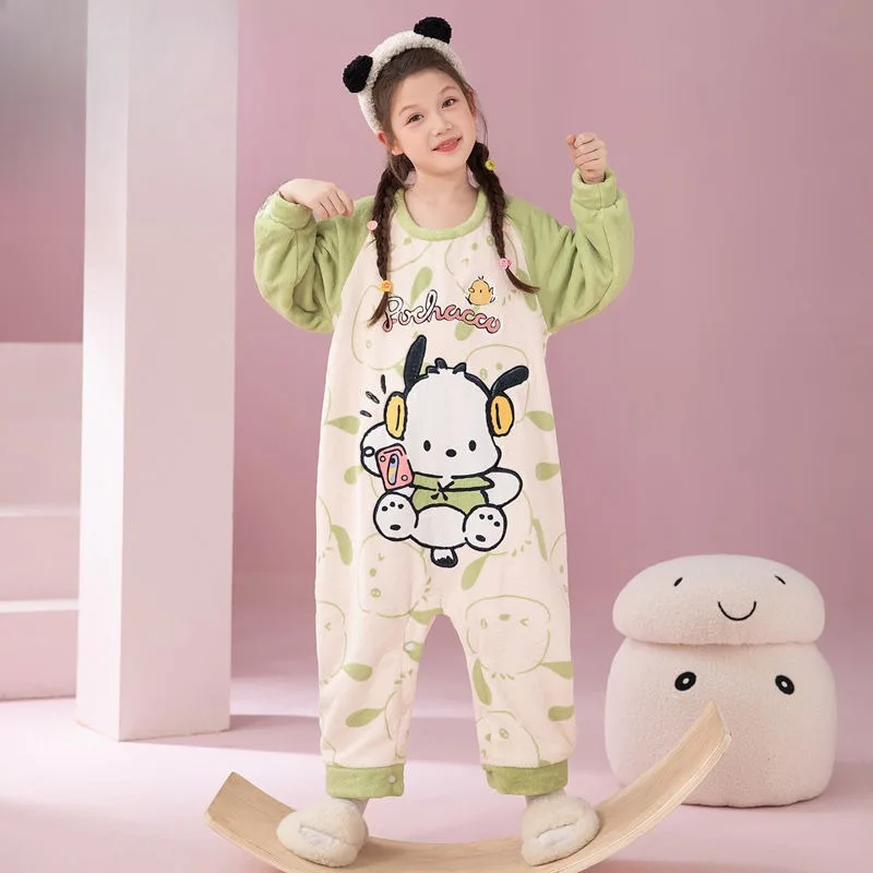 Girls one-piece pajamas winter plush cute Hello Kitty Kuromi My melody sweet cartoon coral velvet warm sleeping bag snap gift