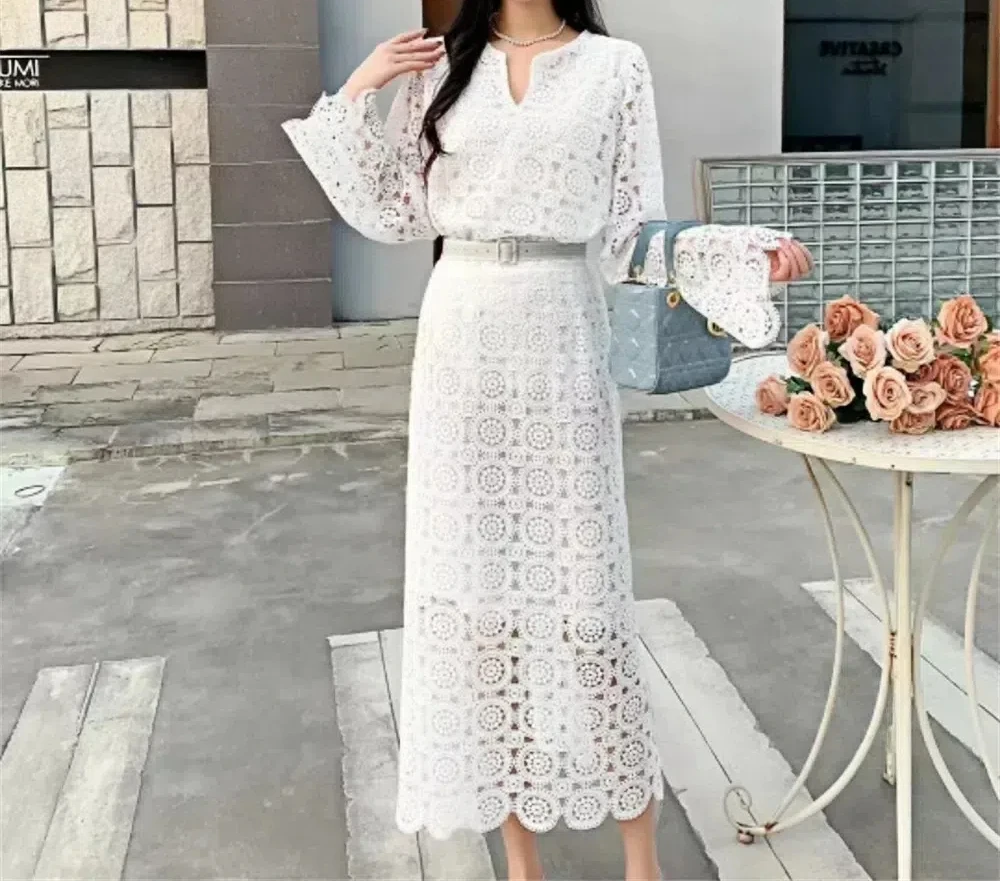 

EINY Elegant Evening Dress Women V-Neck Loose Lace Flare Sleeve Mid Length Belt Tops High Waist A-line Skirt Two Piece Sets 2025