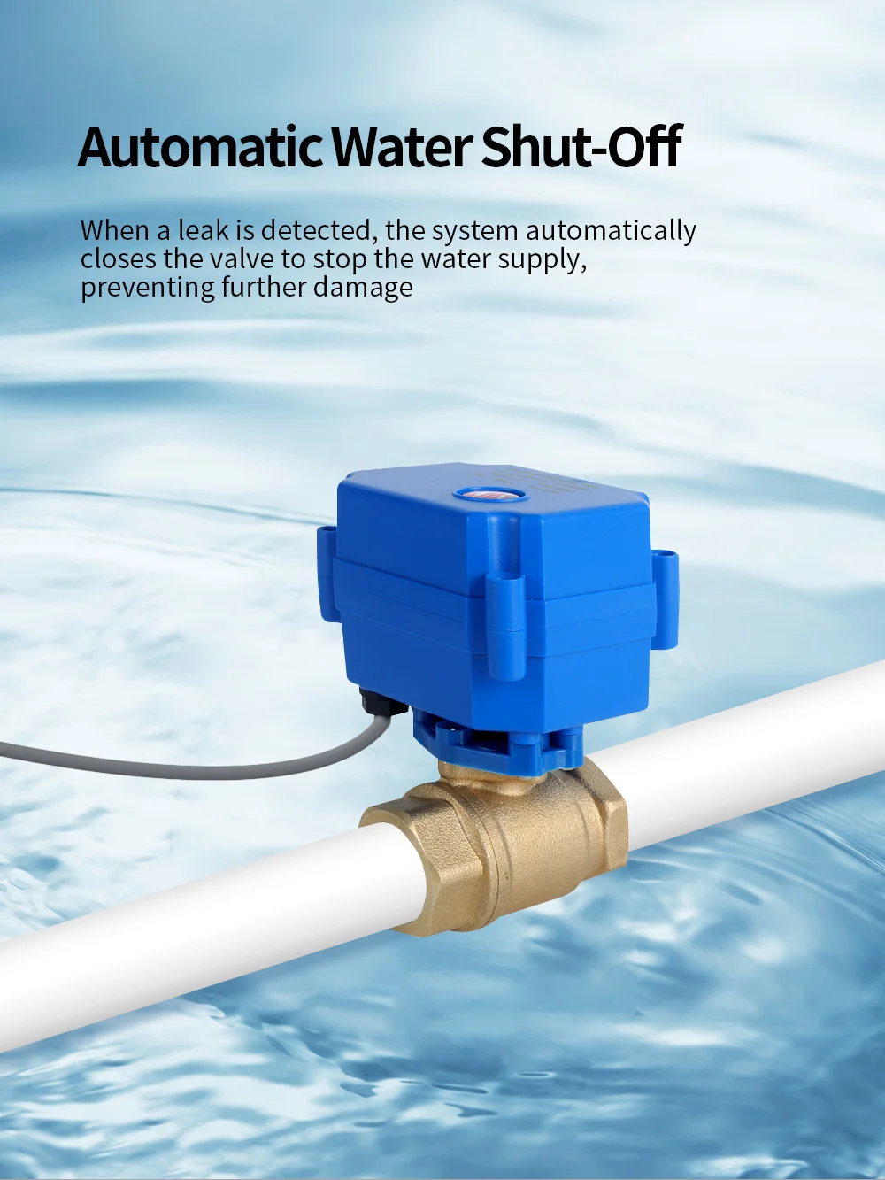 Home Alarm Water Leakage Detector with 4pcs 1/2" 3/4" 1" Auto Shut off Valves and  2m and 6m Water Sensor for Leakage Protection