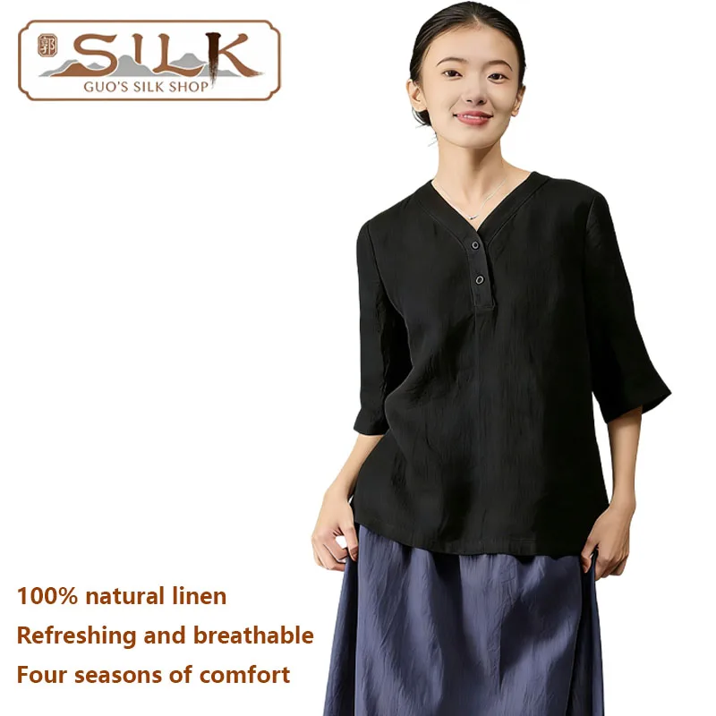 

Natural Pure Linen Women's T-shirt Three-quarter Sleeve V-neck Top Suitable Spring Summer Outdoor Leisure Comfortable Cool Shirt