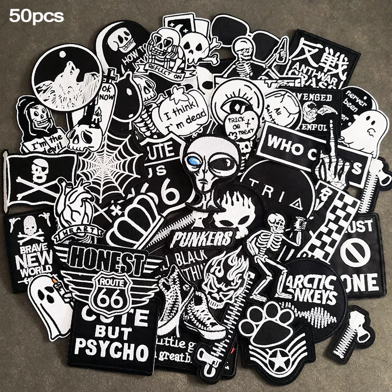 50pcs/lot Black White Punk Patches Iron On For Cloth Embroidery Hippie Badges Jacket Jeans Stickers Fabric DIY Sewing Appliques