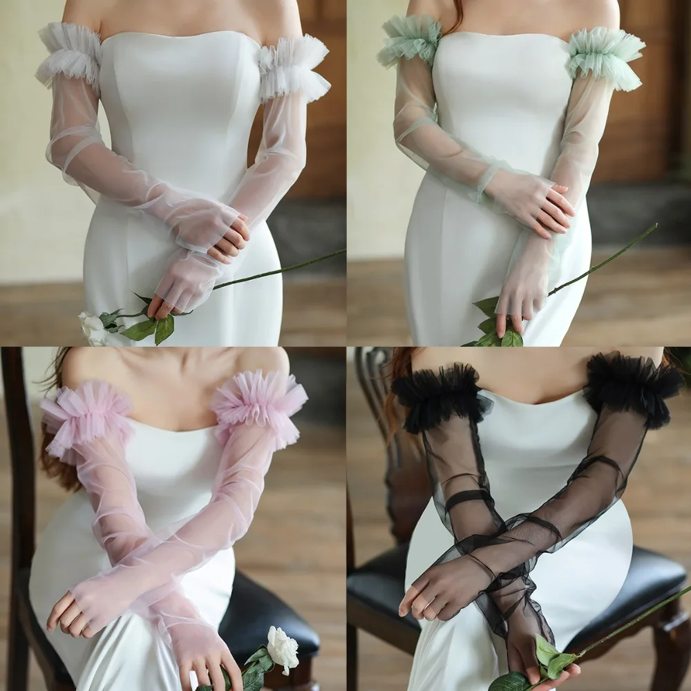 Soft Korean Style Bridal Arm Sleeves Solid Color Yarn Wedding Long Sleeves Gauze Elastic Pleated Lace Arm Covers Festival