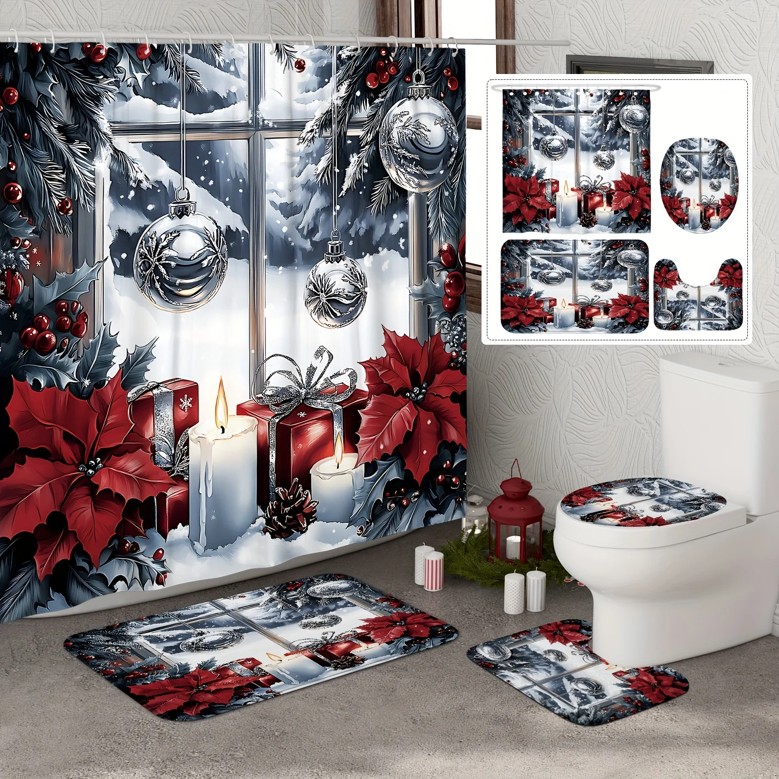 4Pcs Christmas Shower Set, Ball Ornaments Red Silver Leaf Winter Scene, 12 Hooks, Non-Slip Mat, U-Shaped Toilet Cover