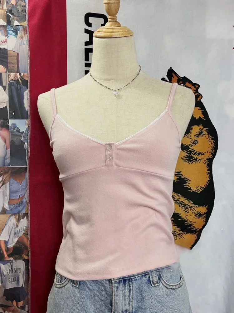 Women Sweet Cute Pink Buttons Tank Tops New Lace Cotton 2024 Fashion Summer Vests Female Vintage Solid Slim Crop Top Y2K