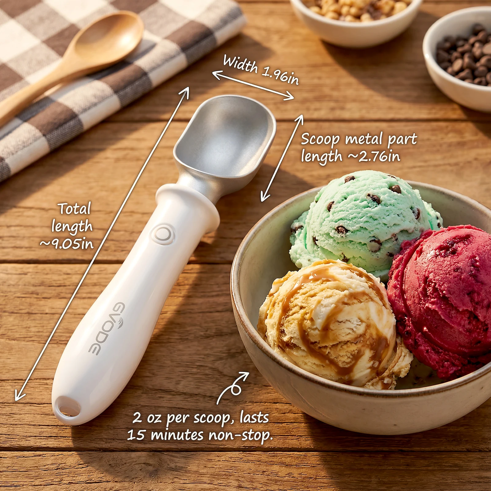 Electric Heated Ice Cream Scoop Rechargeable Dual Temperature with Safety Switch Non-Stick Heavy Duty for Hard Ice Cream