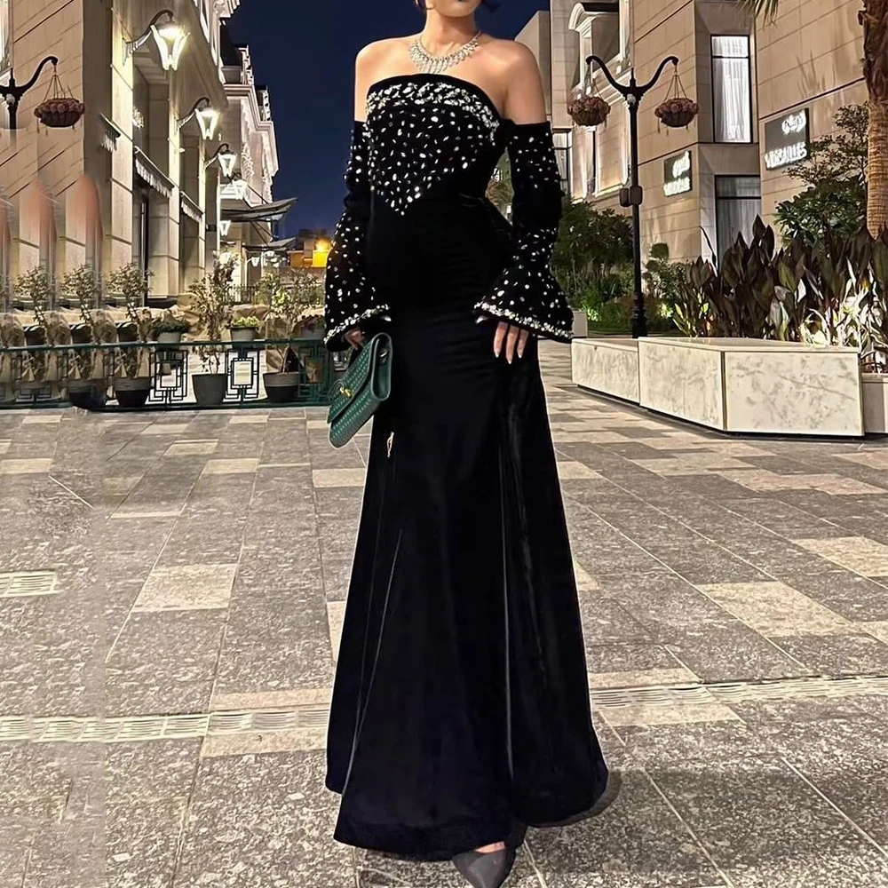 

Flechazo Velour Mermaid Evening Dress Strapless Floor Length Customized Beading and Crystal Off the Shoulder Women Banquet Gowns