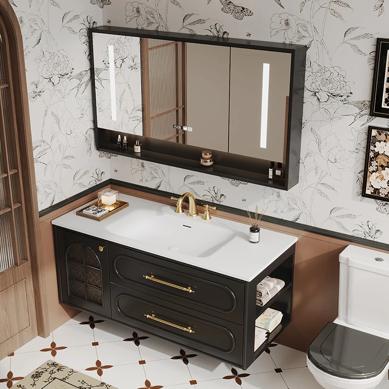 

Black Organizer Bathroom Cabinet Floating Handle Sink Wall Bathroom Cabinet Shelves Mirror Armario De Banheiro Home Furniture