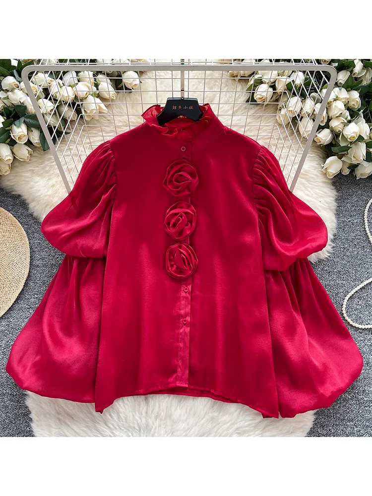 

Women's Spring Shirt French Court Style Three-dimensional Flower Lantern Sleeve Shirt Versatile Single Breasted Top BL212