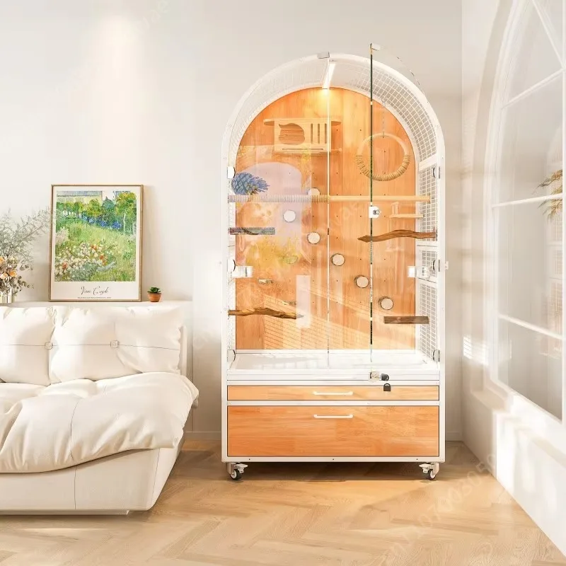 Solid Wood Bird Cage Does Not Occupy Space for Large Luxury Villas, Special Transparent Glass Bird Cage for Bird Splash
