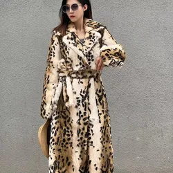 Real Rabbit Fur Coats  Fashion Long Leopard Overcoat Simple Warm Ladies Outerwear Luxurious Street 2021 New