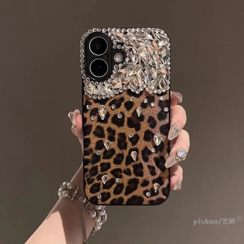 

New Suitable for iPhone 16Plus Phone Case 15promax Brown Leopard Print 14pro Rhinestone 13 All Inclusive 12 11 Protective Cover