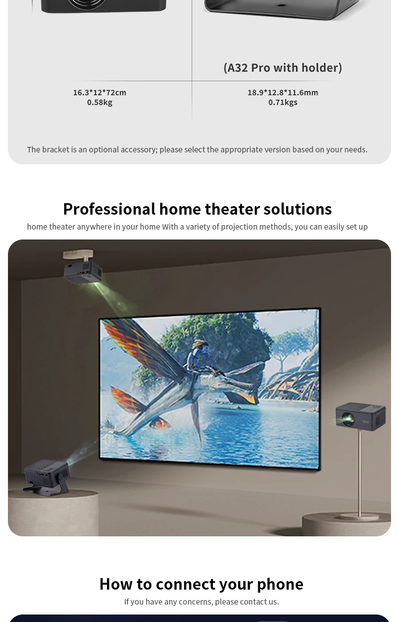AUN A32 Pro Android 14 Projektor Tragbares Heimkino MINI LED-Projektor 3D WIFI für Telefon Computer 4K Video 1080P Film – Detail 11