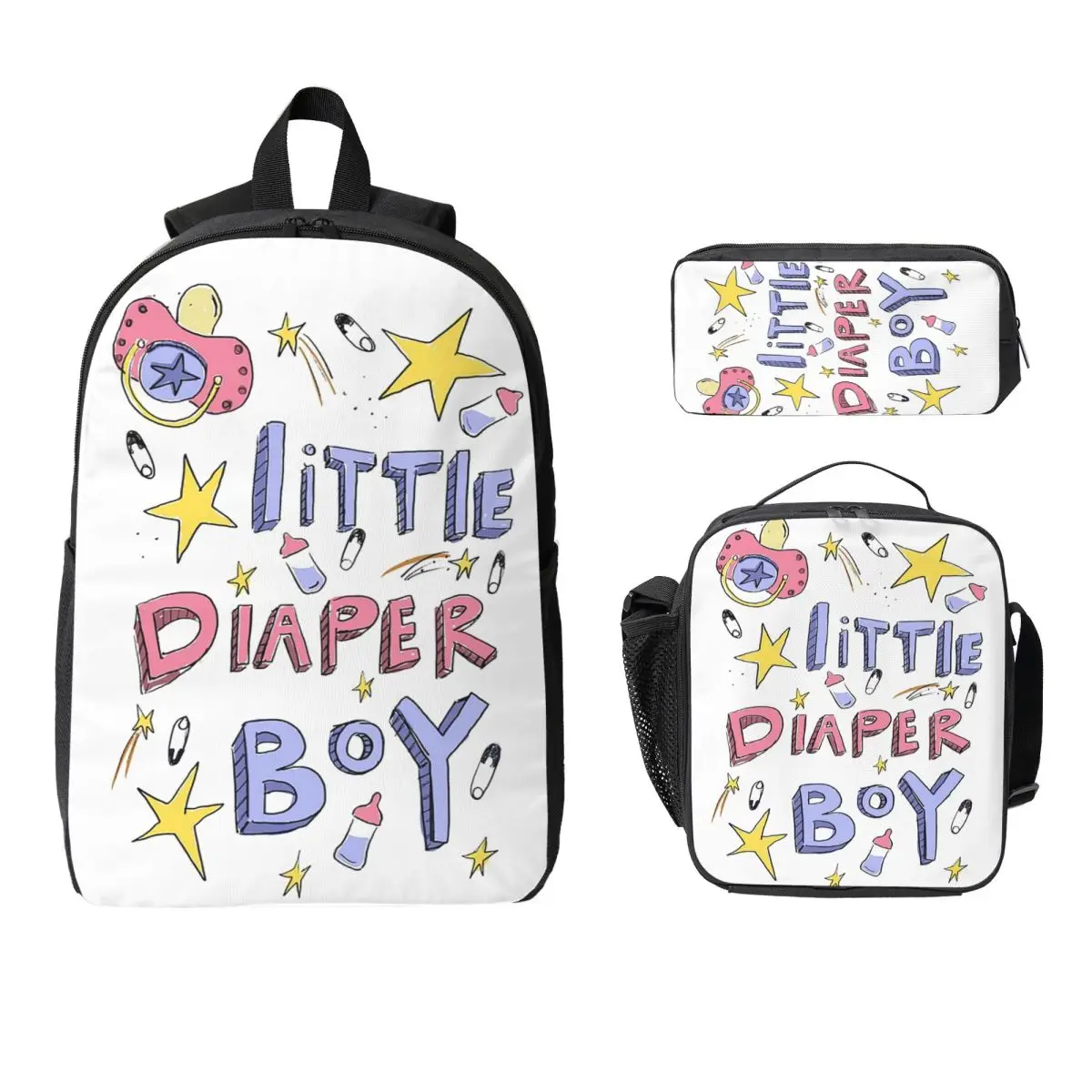 

Little Diaper Boy Abdl Backpack Student Boys Girls BookBag School Bag Computer Shoulder Bags 3ps Insulated Lunch Bag Pencil Case