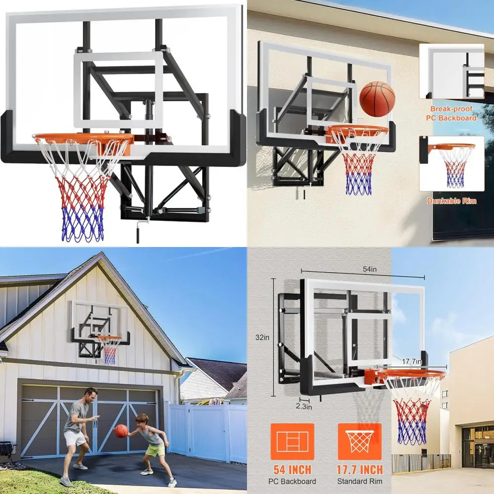 

Adjustable Height 54 Inch Outdoor Basketball Hoop for Garage and Gym, Wall Mount, 8-20 Feet Range, Durable Backboard