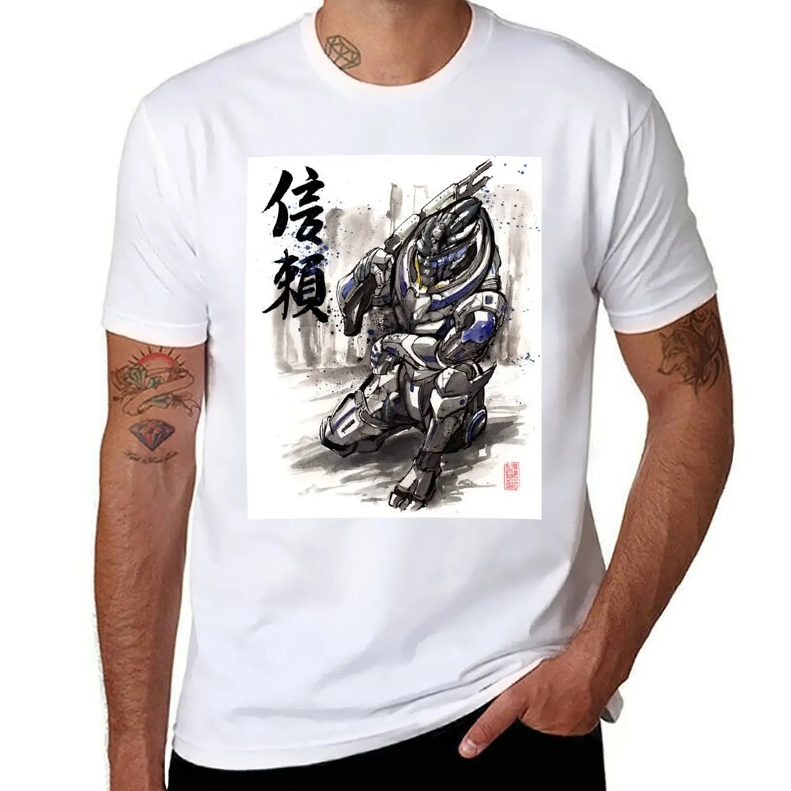 

Mass Effect Garrus Sumie style with Japanese Calligraphy T-Shirt shirts graphic tees graphic shirts Men's t-shirts