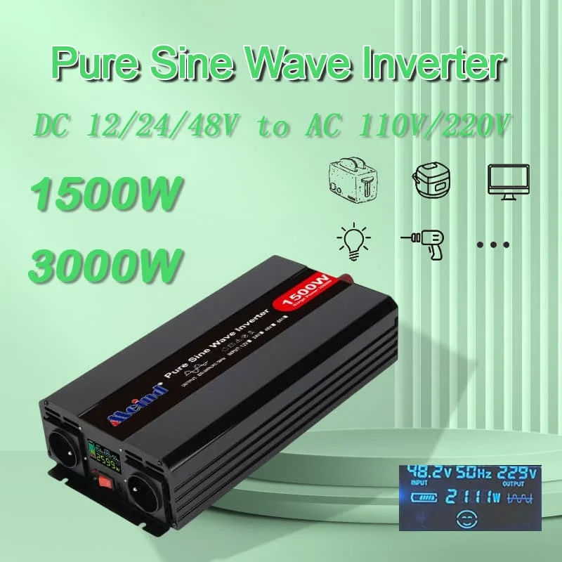 High Quality Ture Sine Wave DC 12V/24V/48V to AC 110V/220V 1500W Peak 3000 Watt Power Inverter with LCD Display