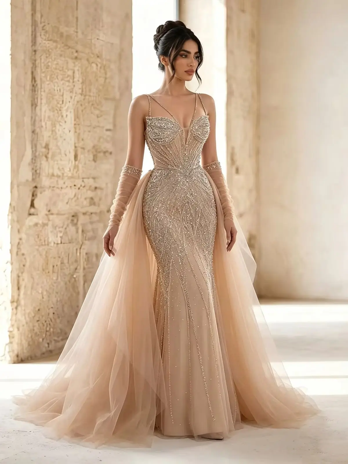 Eshaut&bridal Luxuriöse Meerjungfrau-Abendkleider mit Perlen, abnehmbarer Überrock, formelle Partykleider für Frauen, Hochzeitsgäste, individuell gestaltet