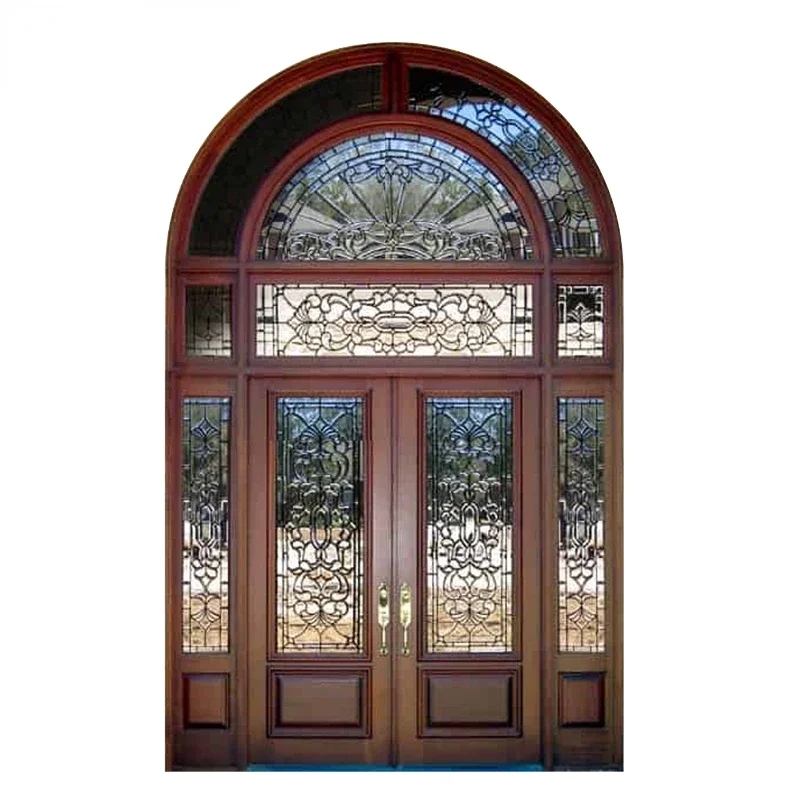 

arched top glass is inserted into a crack free solid exterior wooden traditional front door design