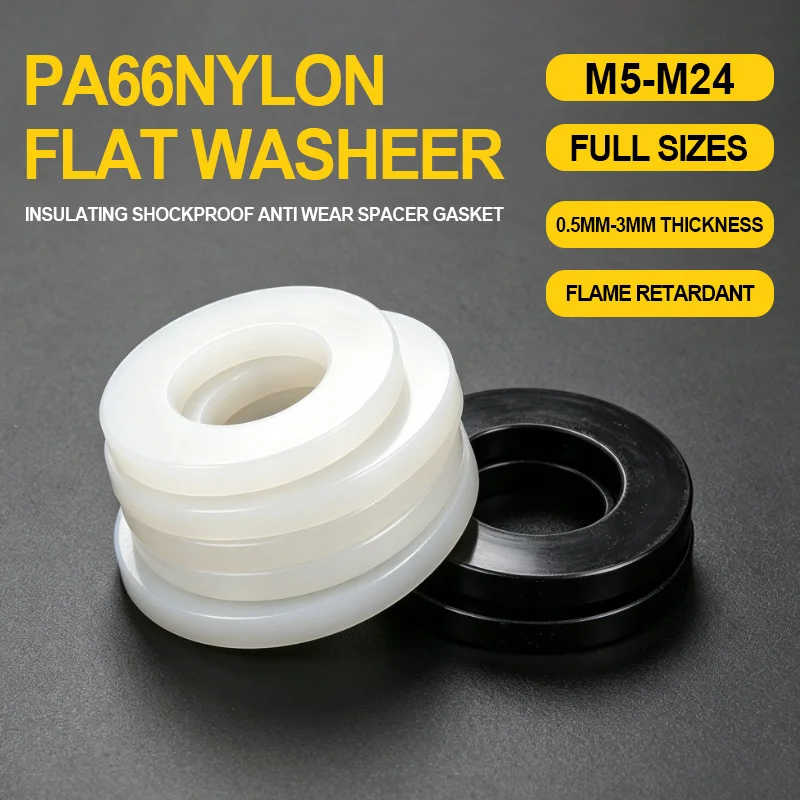 Plastic Shim Gasket Insulated Shockproof Virgin PA66 Nylon Sizes M5-M24 Anti Friction Flame Resistant Flat Washer Spacer