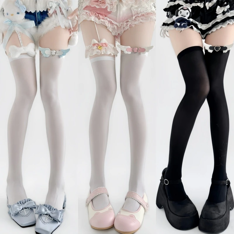 JK Lolita Sweet Velvet Over Knee Socks Three Dimensional Wing Decor Non Slip Thin Lightweight Women Cosplay Long Stockings
