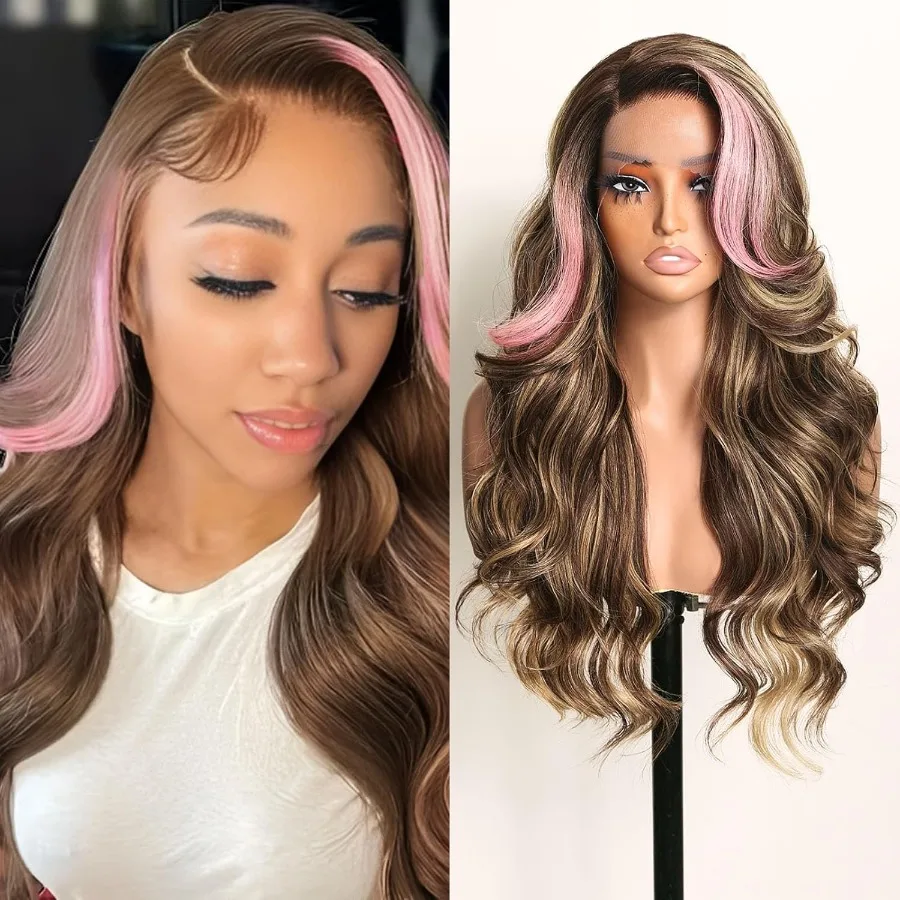 الوردي تسليط الضوء على الجسم موجة غلويليس الدانتيل الجبهة شعر مستعار اصطناعي للنساء السود 24 بوصة ارتداء ونمط الذهاب مظهر طبيعي سهل التصميم