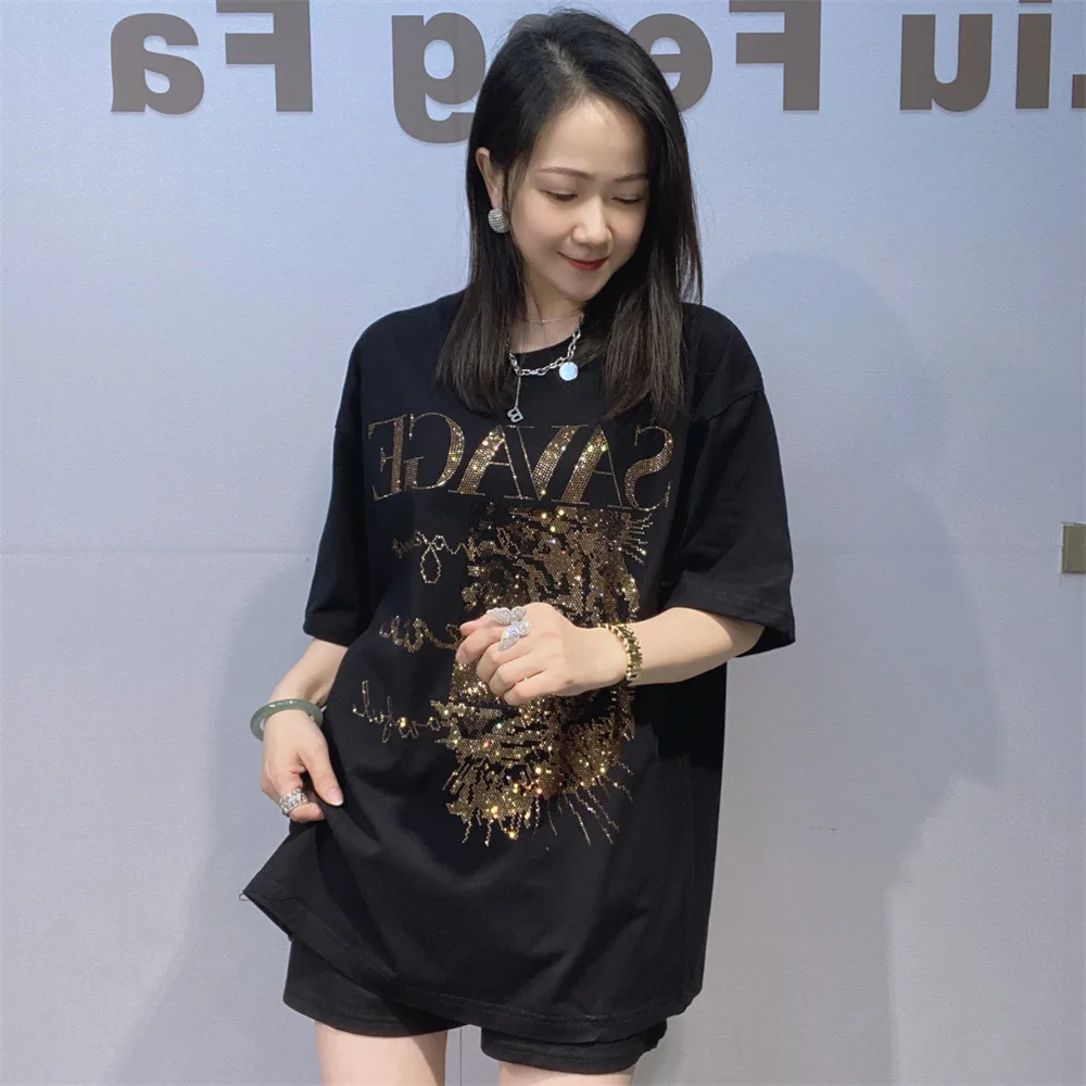2026 Summer Cotton Sequins Tiger Head Letter Oversized Short Sleeve T Shirt Woman Casual O Neck Tees Vestidos Streetwear Y2k Top