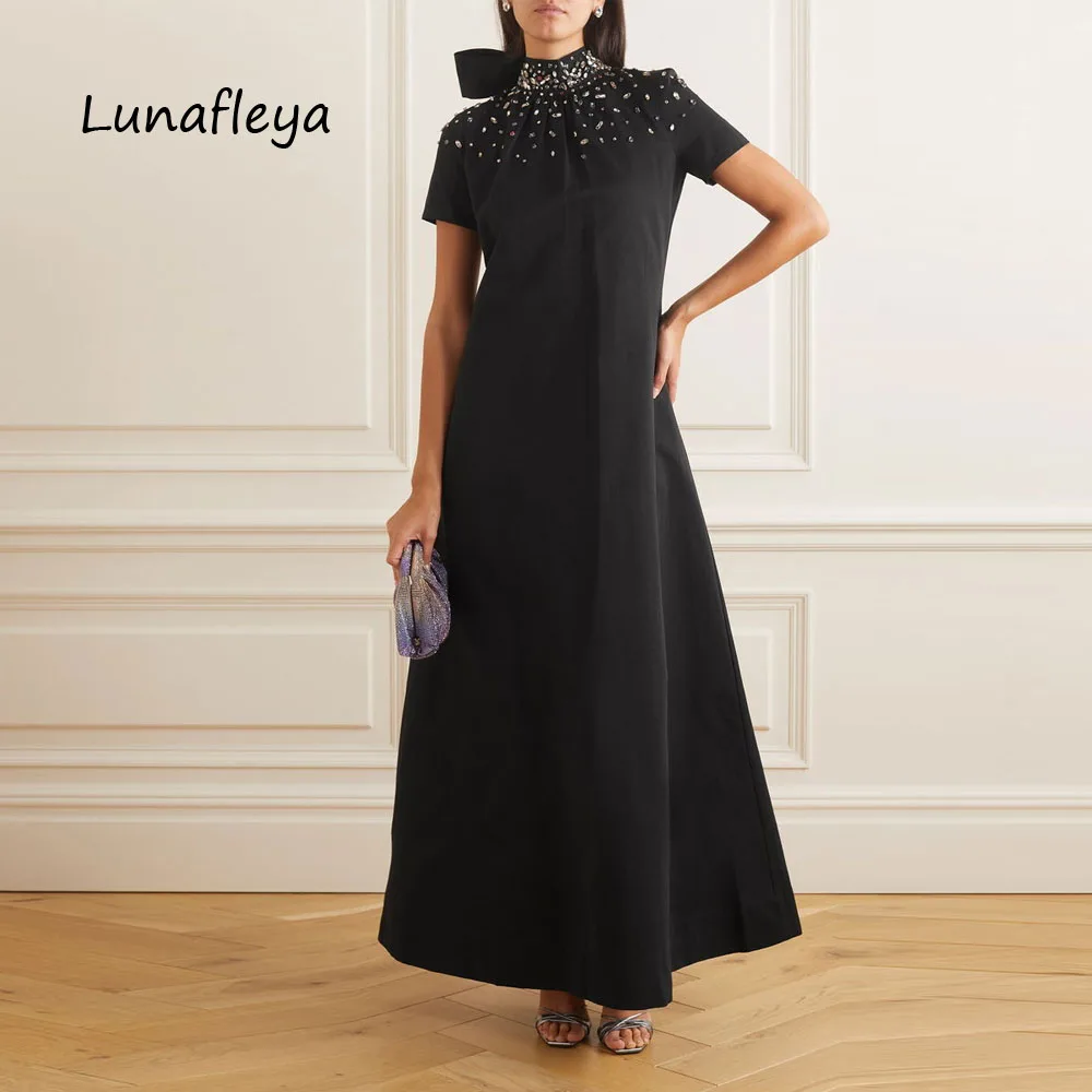 LUNAFLEYA High Neck Crepe Satin Evening Dress Fashion Customized Sequined Rhinestones 2024 Black Wedding Party Gowns For Women