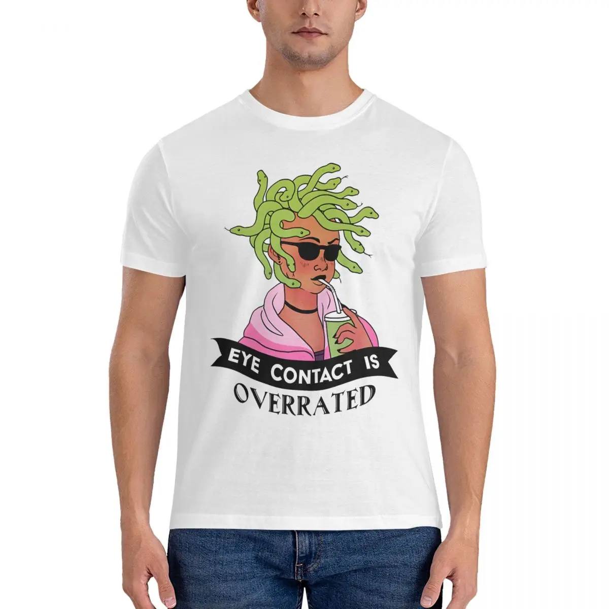 Eye Contact Is Overrated T-Shirt for Men Medusa Funny Cotton Tees Round Collar Short Sleeve T Shirts Classic Tops