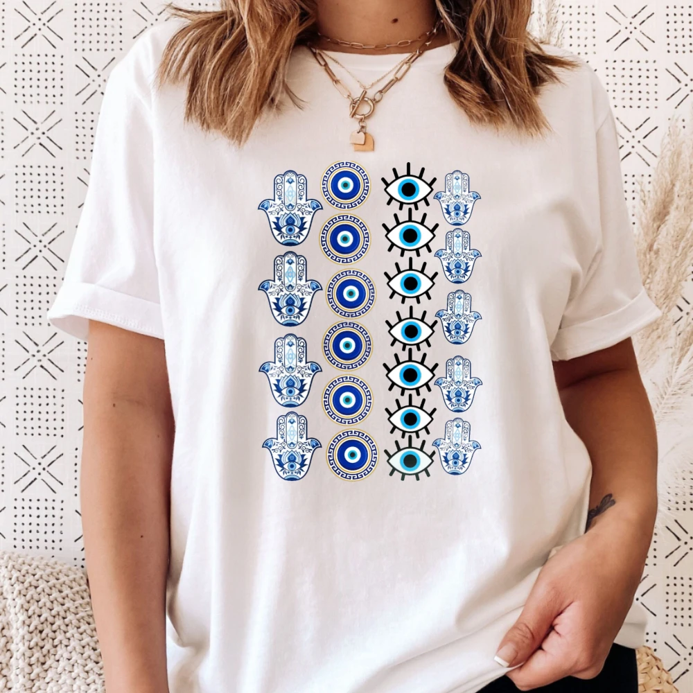 Funny Hamsa Evil Eye Column Graphic Tee Blue Spiritual Protection Collection Unisex Casual Top Turkish Amulet Cotton Tees