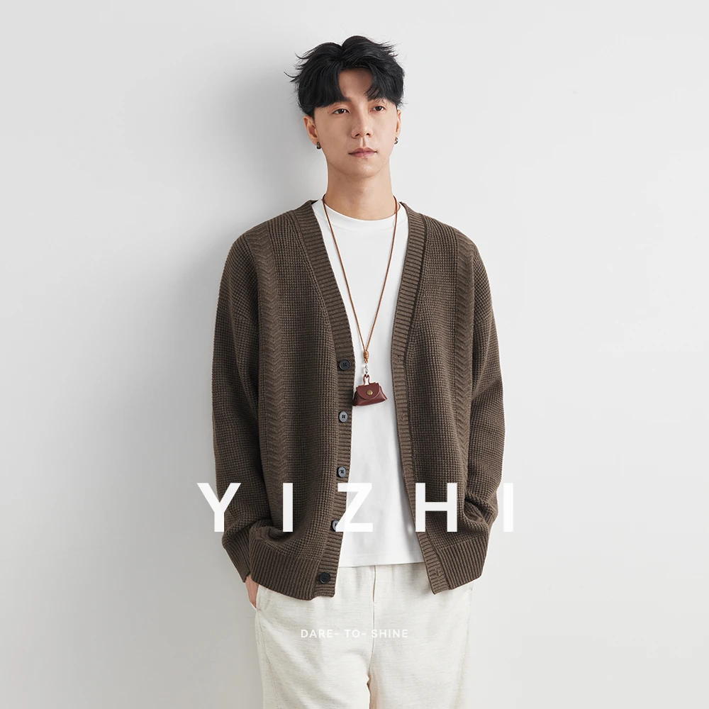Men's Knitted Cardigan Sweater Jacket 2025 Autumn New Korean Style Casual Loose V-neck Long Sleeve Top Solid Color Sweater Men